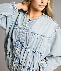 Ruched Denim Bomber Jacket