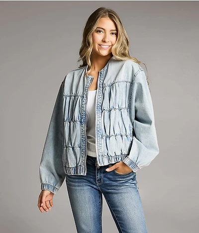 Ruched Denim Bomber Jacket