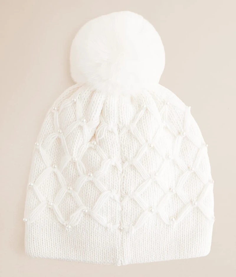 Faux Pearl Pom Beanie