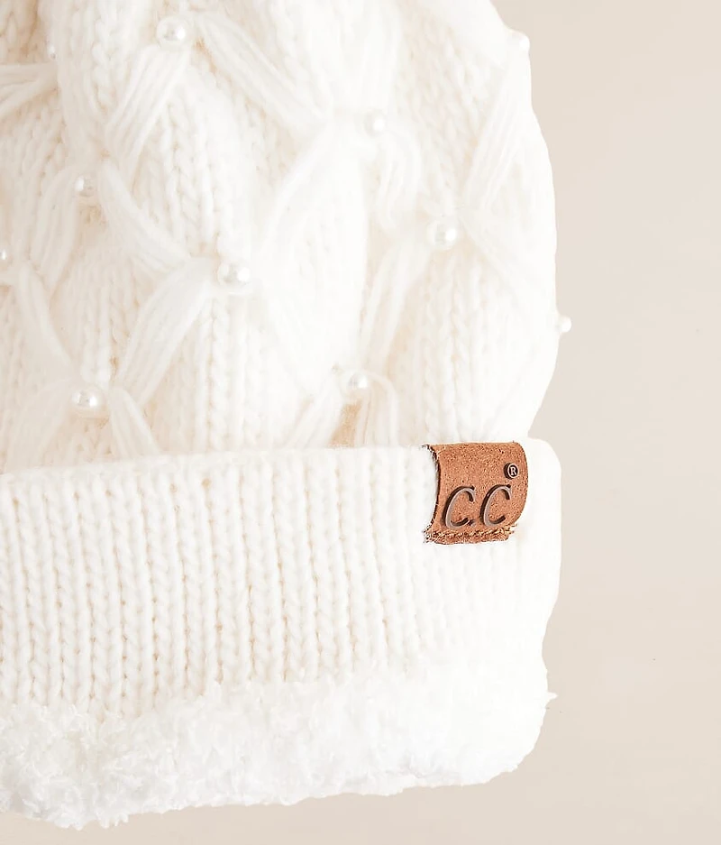 Faux Pearl Pom Beanie