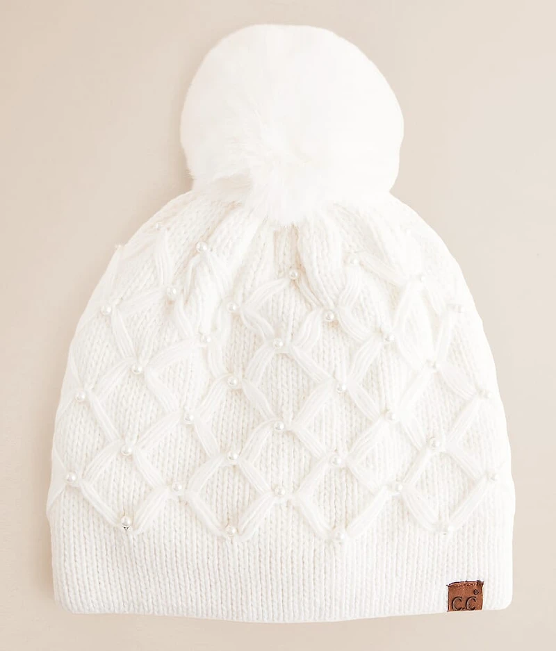 Faux Pearl Pom Beanie