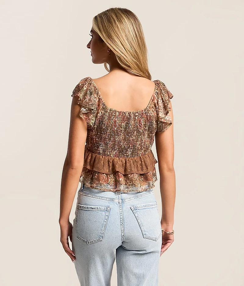 Floral Mesh Ruffle Top