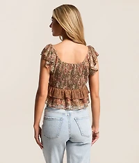 Floral Mesh Ruffle Top