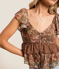Floral Mesh Ruffle Top