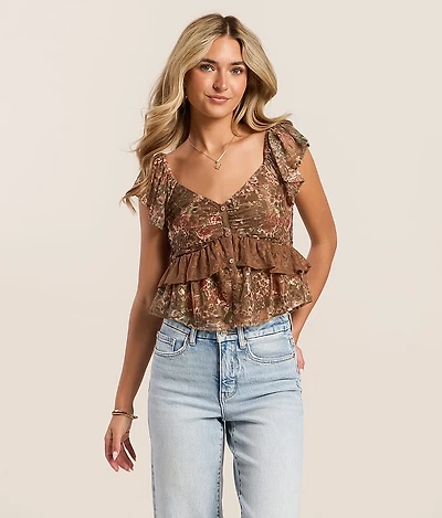 Floral Mesh Ruffle Top