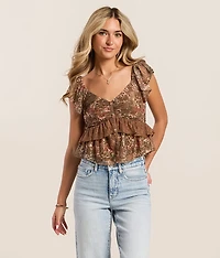 Floral Mesh Ruffle Top