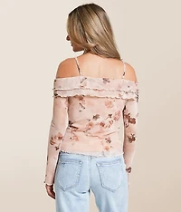 Floral Mesh Cold Shoulder Top