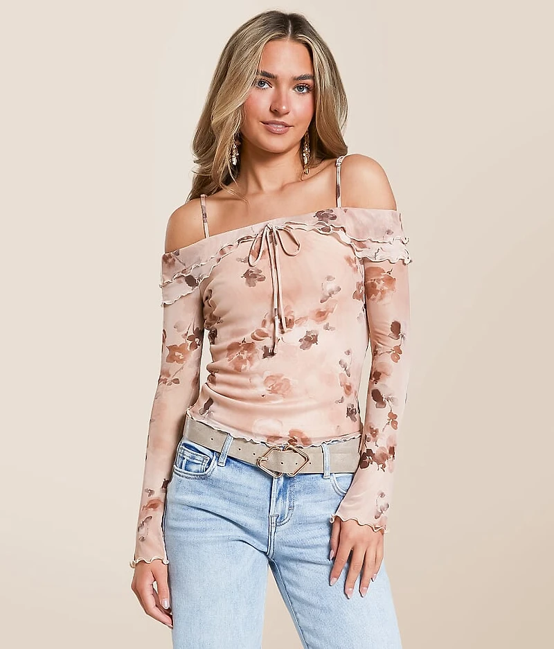 Floral Mesh Cold Shoulder Top