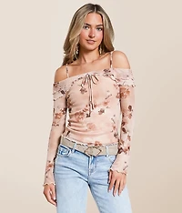 Floral Mesh Cold Shoulder Top