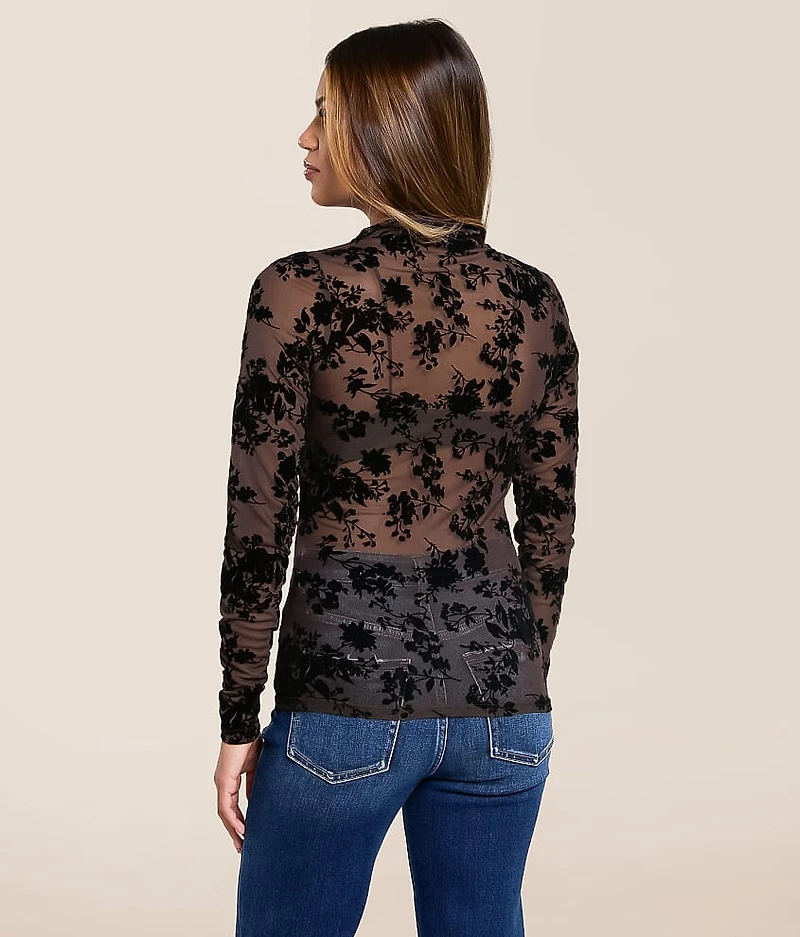 Flocked Floral Mesh Top