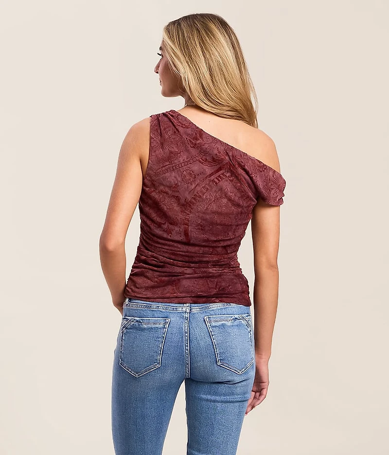 Flocked Mesh Off The Shoulder Tank Top