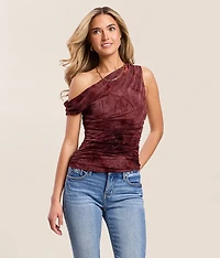 Flocked Mesh Off The Shoulder Tank Top