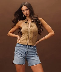 Studded Faux Suede Halter Tank Top