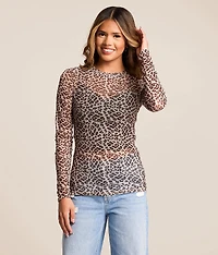Leopard Print Rhinestone Mesh Top