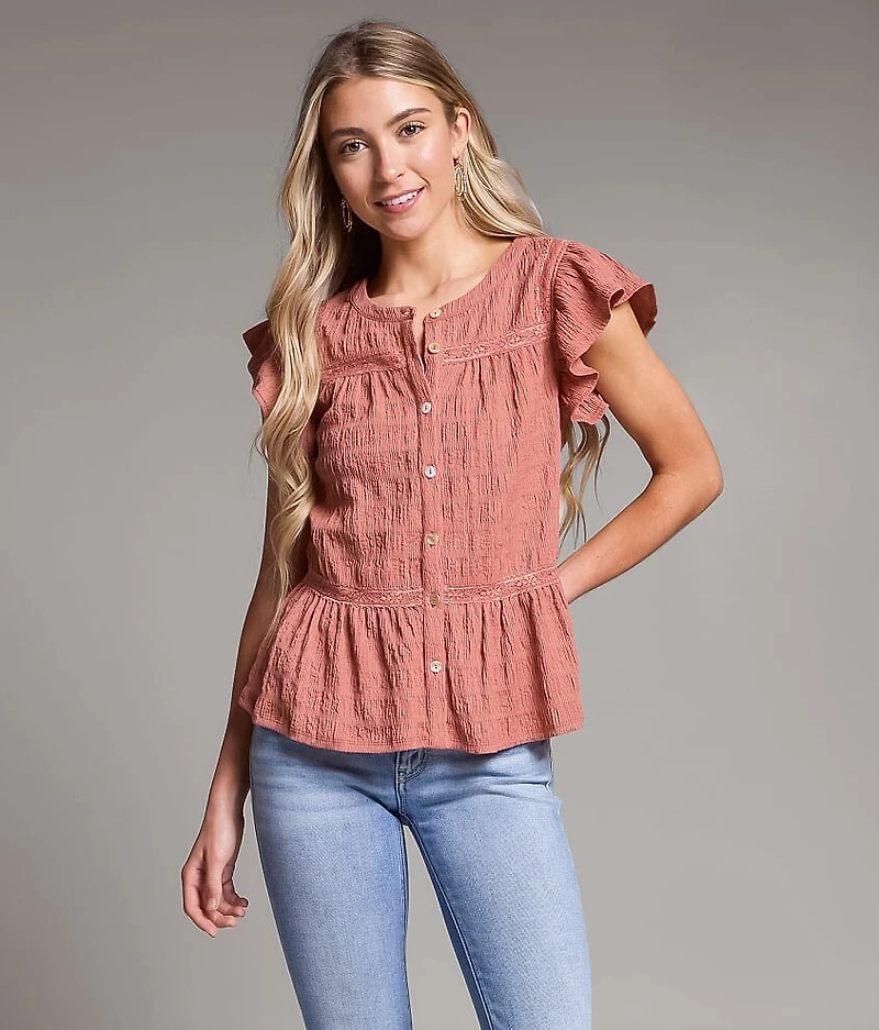 Crochet Trim Ruffle Top