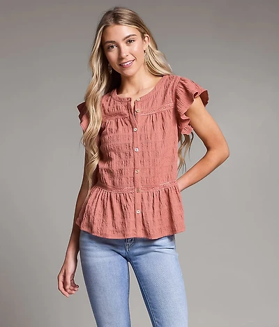 Crochet Trim Ruffle Top