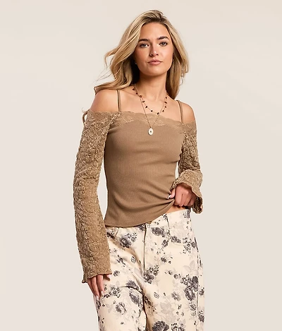 Flocked Lace Cold Shoulder Top