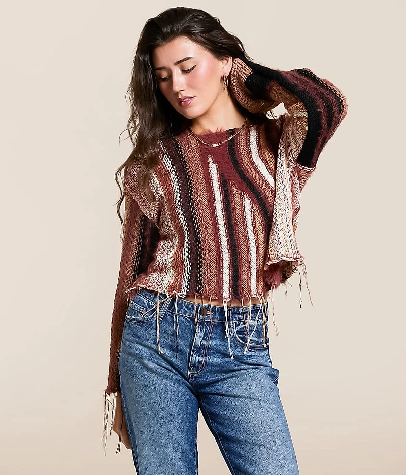 Mixed Stripe Eyelash Fringe Sweater