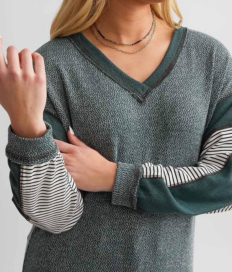 Raw Edge Pieced V-Neck Top