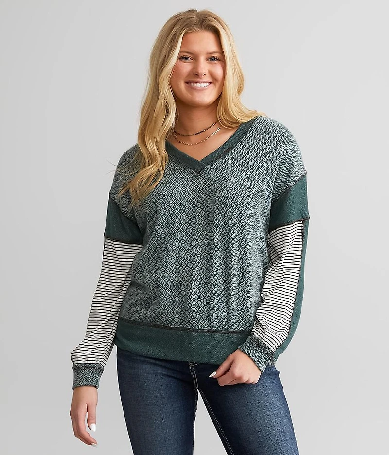Raw Edge Pieced V-Neck Top