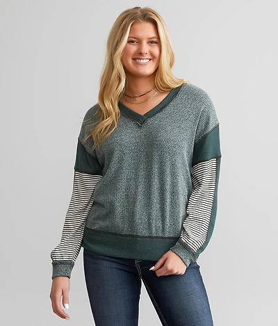 Raw Edge Pieced V-Neck Top