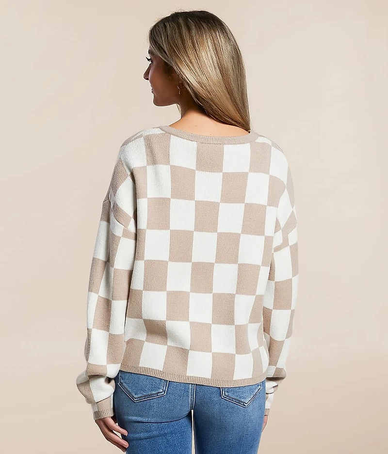 Checkered Front Tie Cardigan Sweater