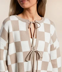 Checkered Front Tie Cardigan Sweater