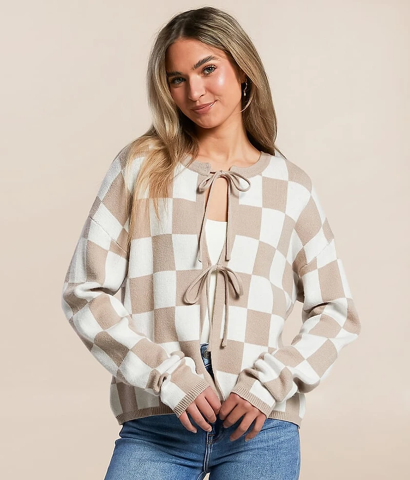 Checkered Front Tie Cardigan Sweater