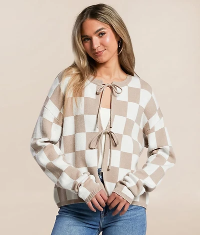 Checkered Front Tie Cardigan Sweater