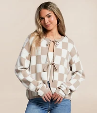 Checkered Front Tie Cardigan Sweater