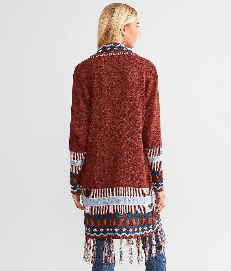 Geo Print Fringe Cardigan Sweater