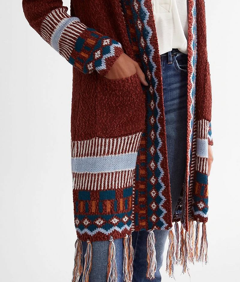 Geo Print Fringe Cardigan Sweater