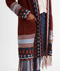Geo Print Fringe Cardigan Sweater