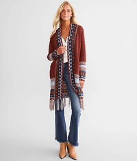 Geo Print Fringe Cardigan Sweater