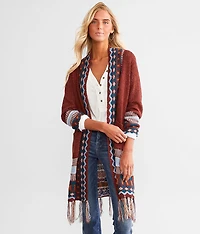 Geo Print Fringe Cardigan Sweater