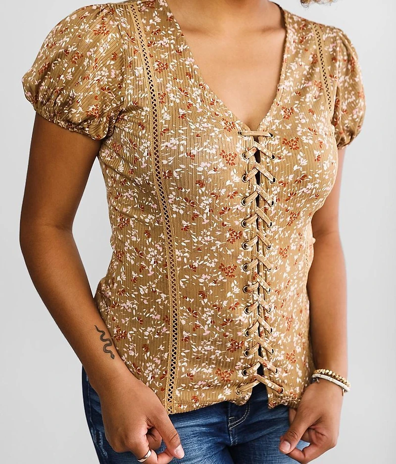 Lace-up Puff Sleeve Top