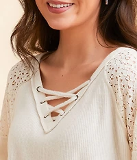 Pieced Lace-Up Ribbed Top