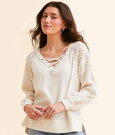 Pieced Lace-Up Ribbed Top