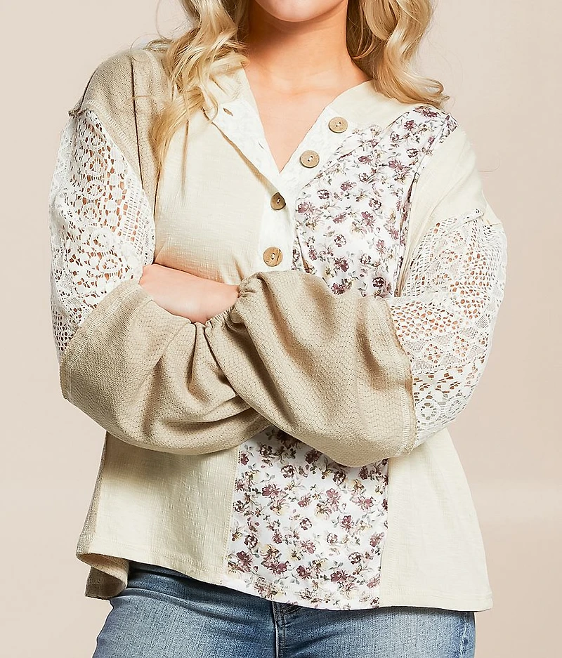 Mixed Knit Henley Hoodie