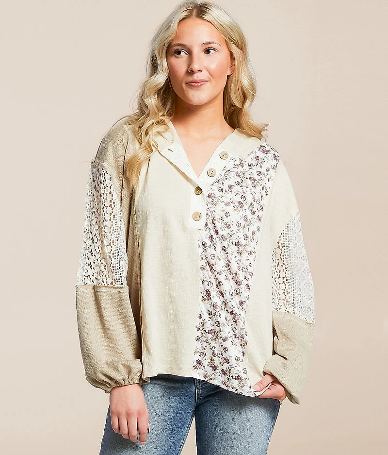 Mixed Knit Henley Hoodie