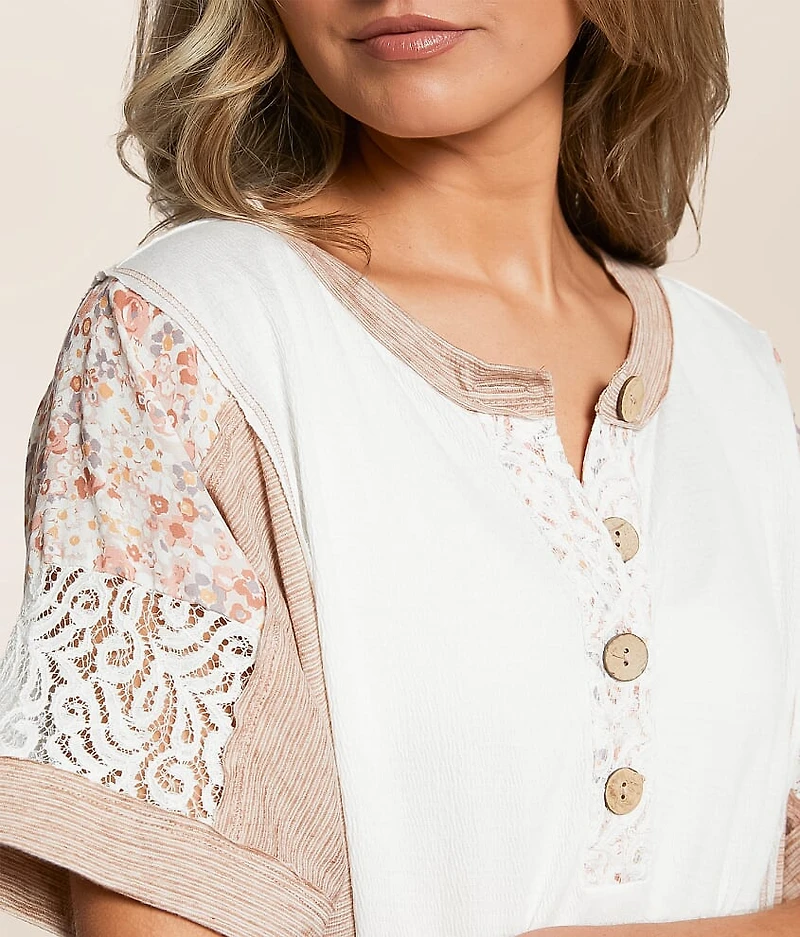 Pieced Floral Lace Henley