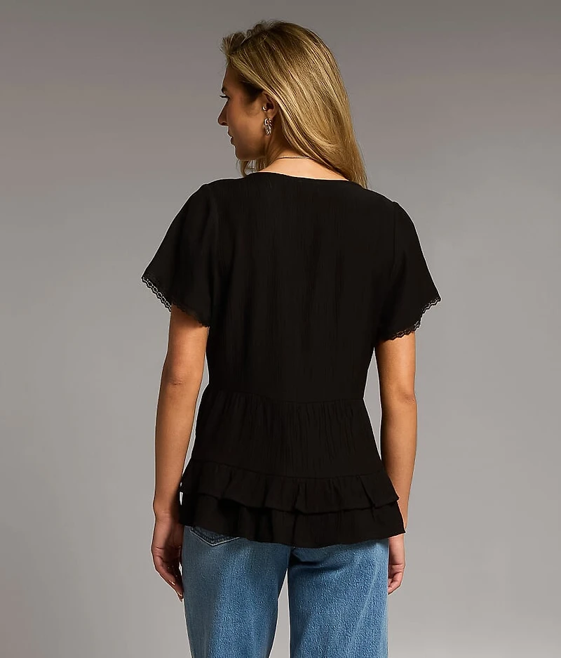 Crochet Trim Ruffle Top