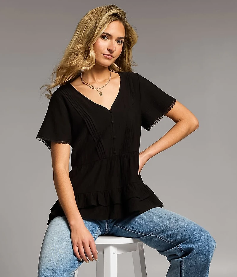 Crochet Trim Ruffle Top