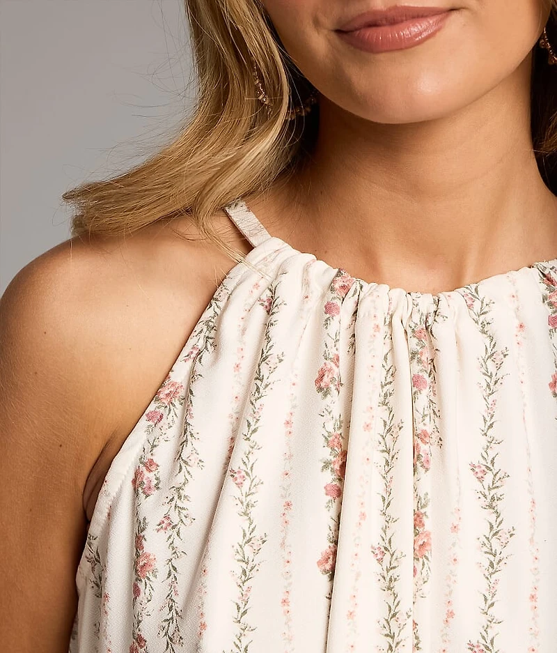 Floral Striped High Neck Tank Top