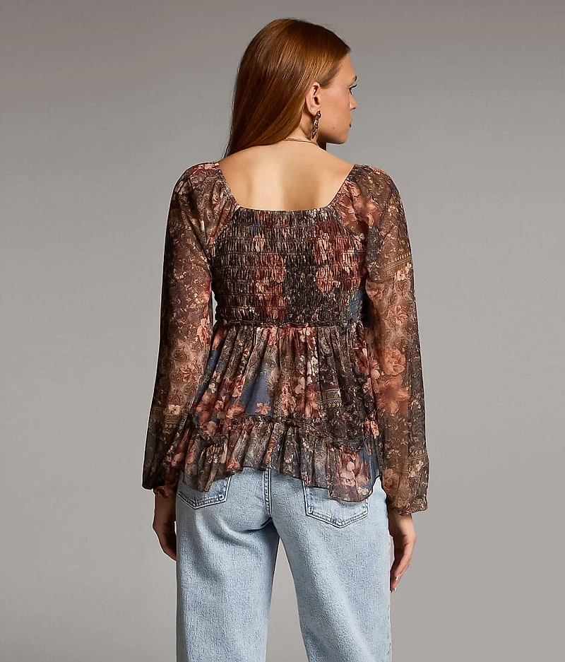 Floral Mesh Ruffle Top