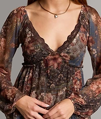 Floral Mesh Ruffle Top