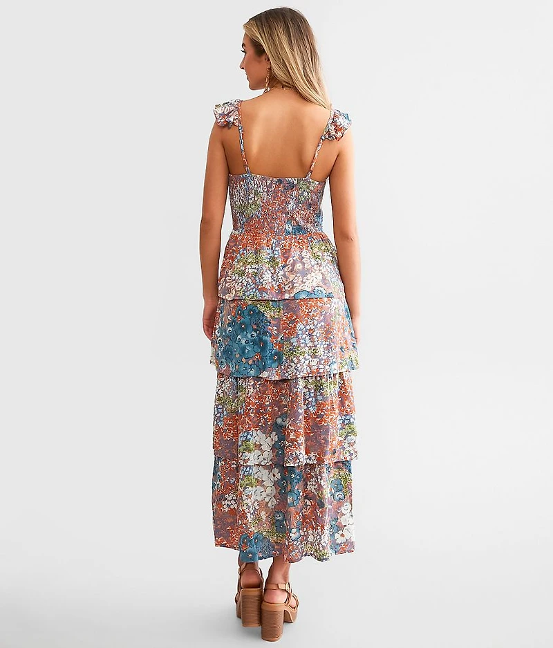 Metallic Floral Tiered Maxi Dress