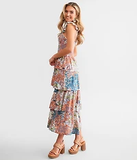 Metallic Floral Tiered Maxi Dress
