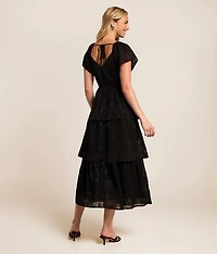 Jacquard Floral Tiered Midi Dress