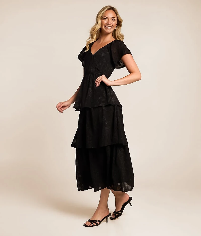 Jacquard Floral Tiered Midi Dress